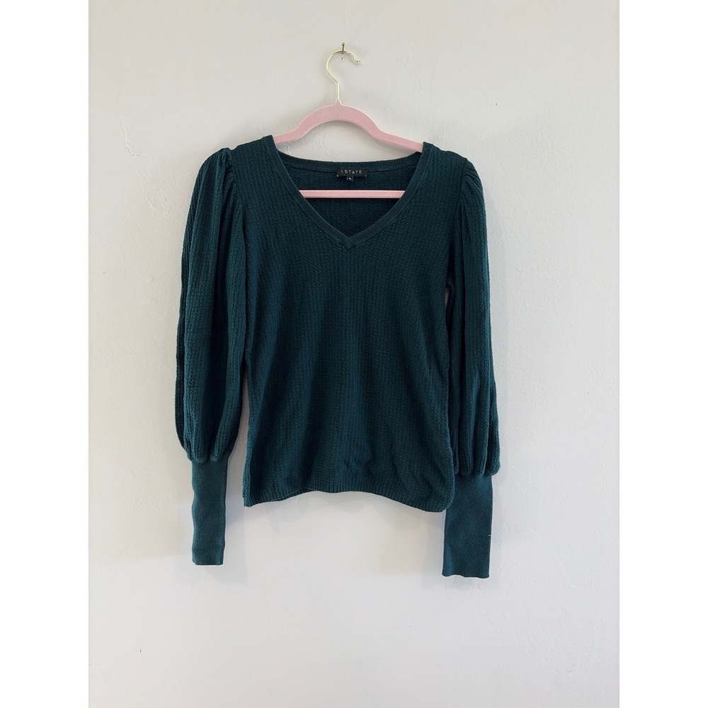 1.STATE Womens Dark Teal Green Puff Sleeve V-Neck Sweater Long Ribbed Cuffs S